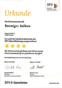 DTV 4 Sterne Urkunde Ferienwohung Sonniger Balkon Bayerischer Wald